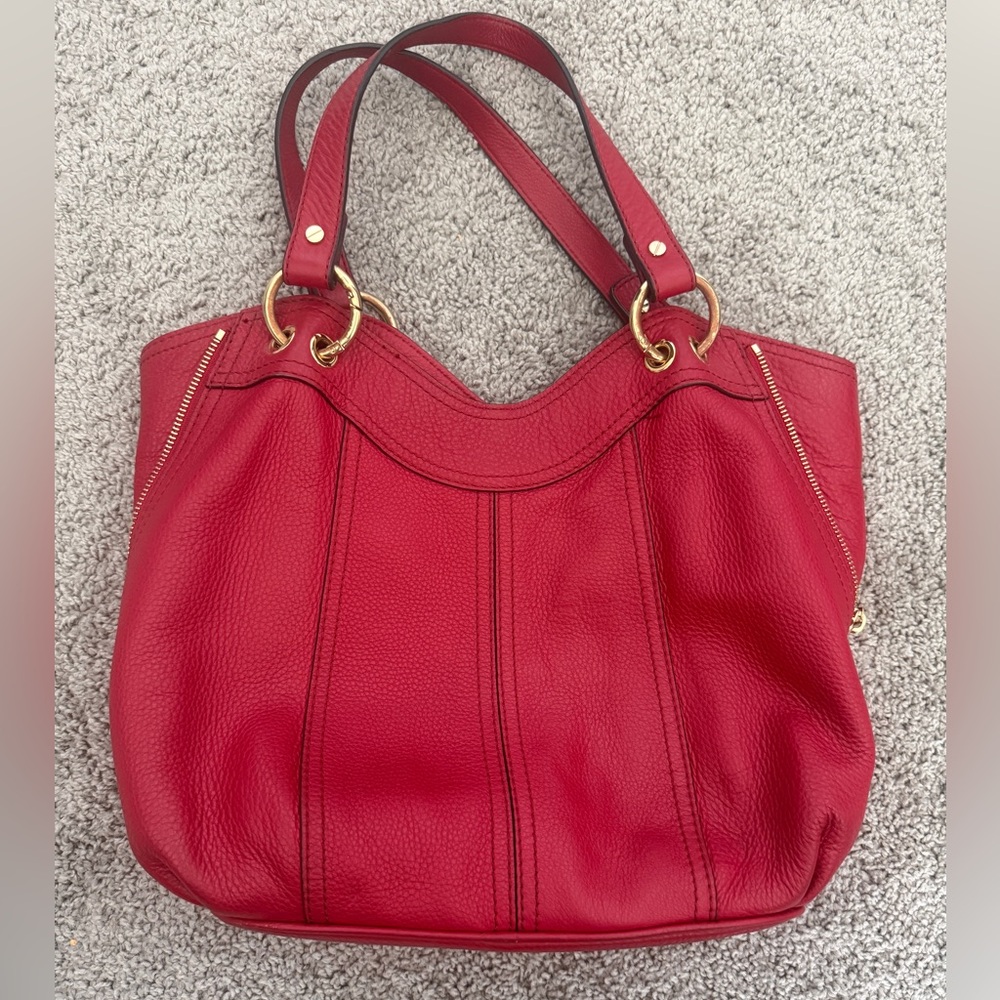 Michael Kors Red Leather Tote Bag Gold Hardware Zip Accents Shoulder Bag - Picture 2 of 12